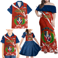 Dominican Republic Independence Day Family Matching Off Shoulder Maxi Dress and Hawaiian Shirt Coat Of Arms With Bayahibe Rose - Wonder Print Shop
