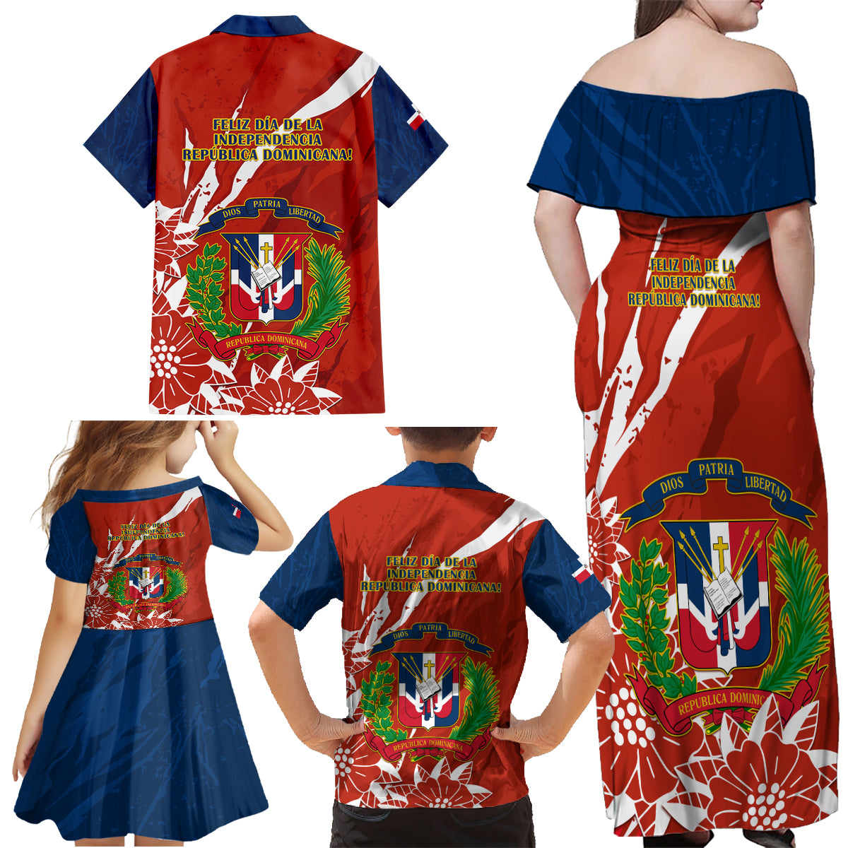 Dominican Republic Independence Day Family Matching Off Shoulder Maxi Dress and Hawaiian Shirt Coat Of Arms With Bayahibe Rose - Wonder Print Shop