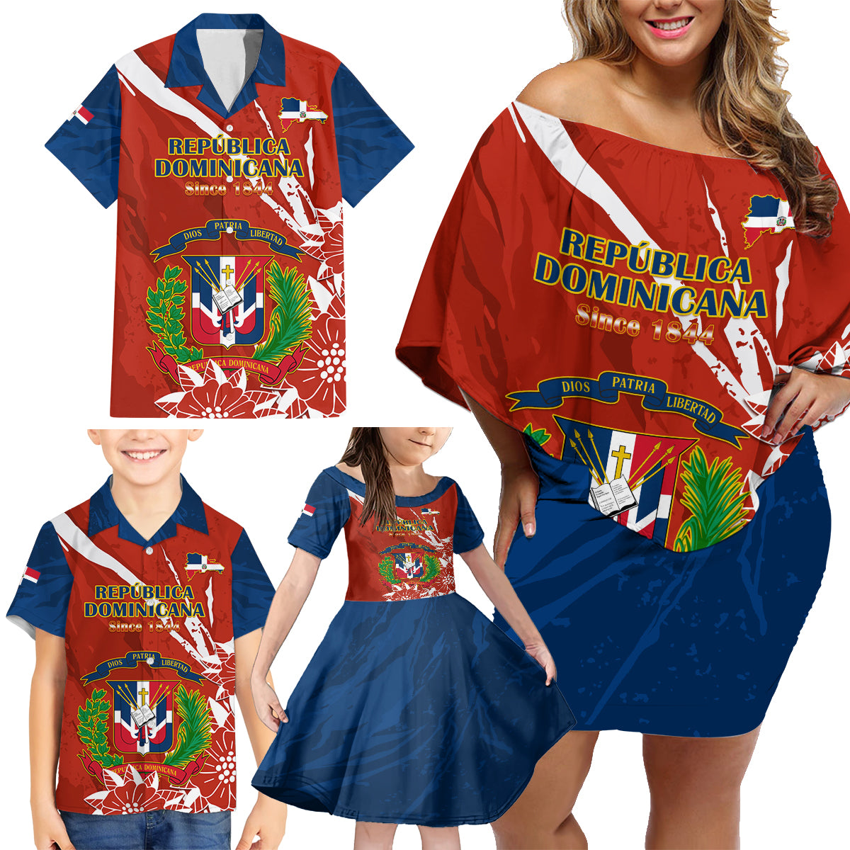 Dominican Republic Independence Day Family Matching Off Shoulder Short Dress and Hawaiian Shirt Coat Of Arms With Bayahibe Rose - Wonder Print Shop