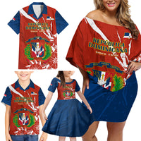 Dominican Republic Independence Day Family Matching Off Shoulder Short Dress and Hawaiian Shirt Coat Of Arms With Bayahibe Rose - Wonder Print Shop