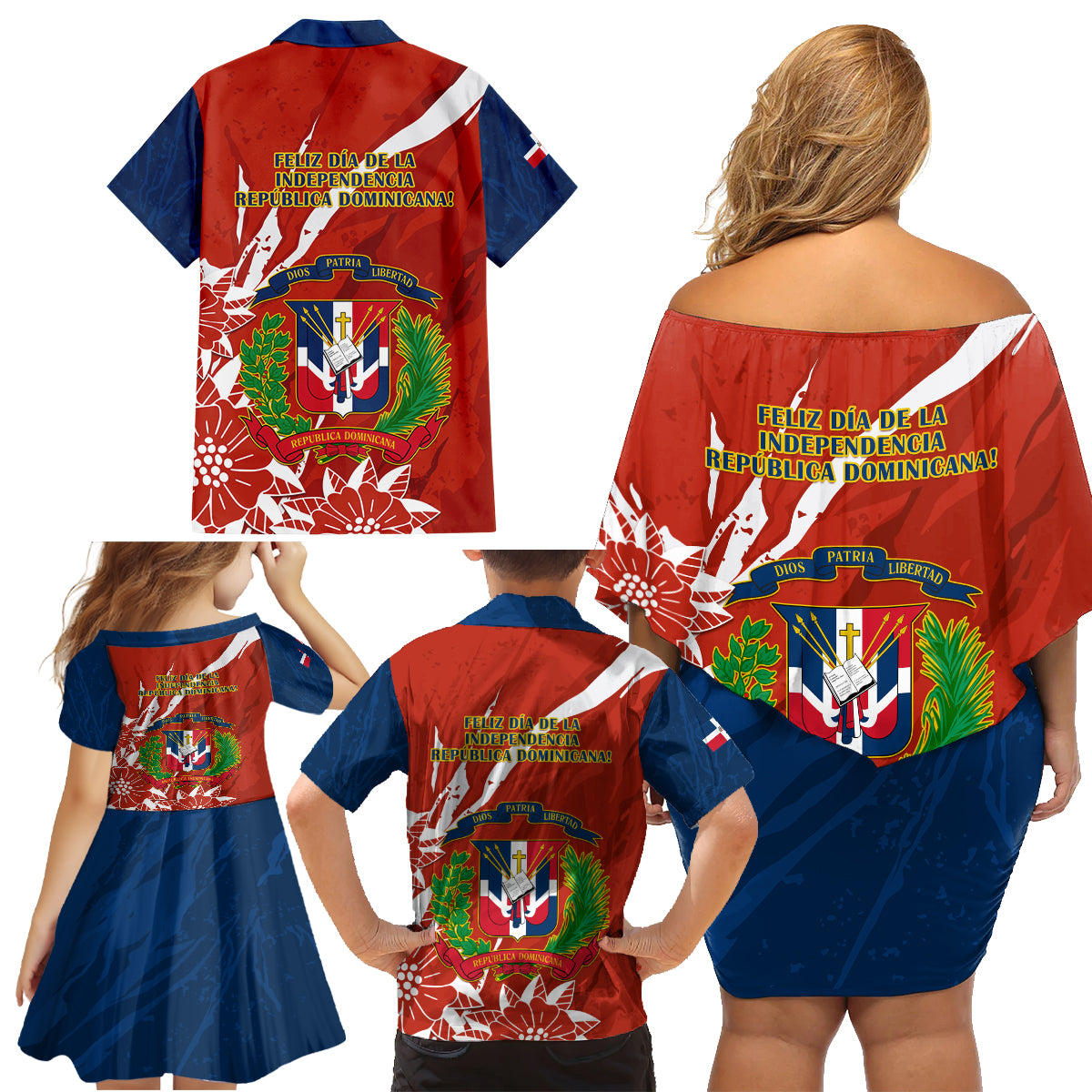 Dominican Republic Independence Day Family Matching Off Shoulder Short Dress and Hawaiian Shirt Coat Of Arms With Bayahibe Rose - Wonder Print Shop