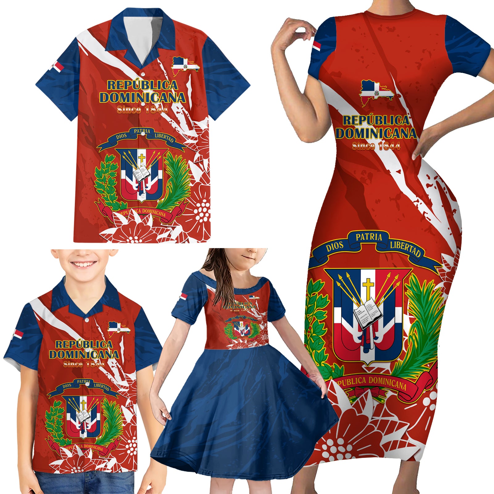 Dominican Republic Independence Day Family Matching Short Sleeve Bodycon Dress and Hawaiian Shirt Coat Of Arms With Bayahibe Rose