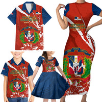 Dominican Republic Independence Day Family Matching Short Sleeve Bodycon Dress and Hawaiian Shirt Coat Of Arms With Bayahibe Rose - Wonder Print Shop
