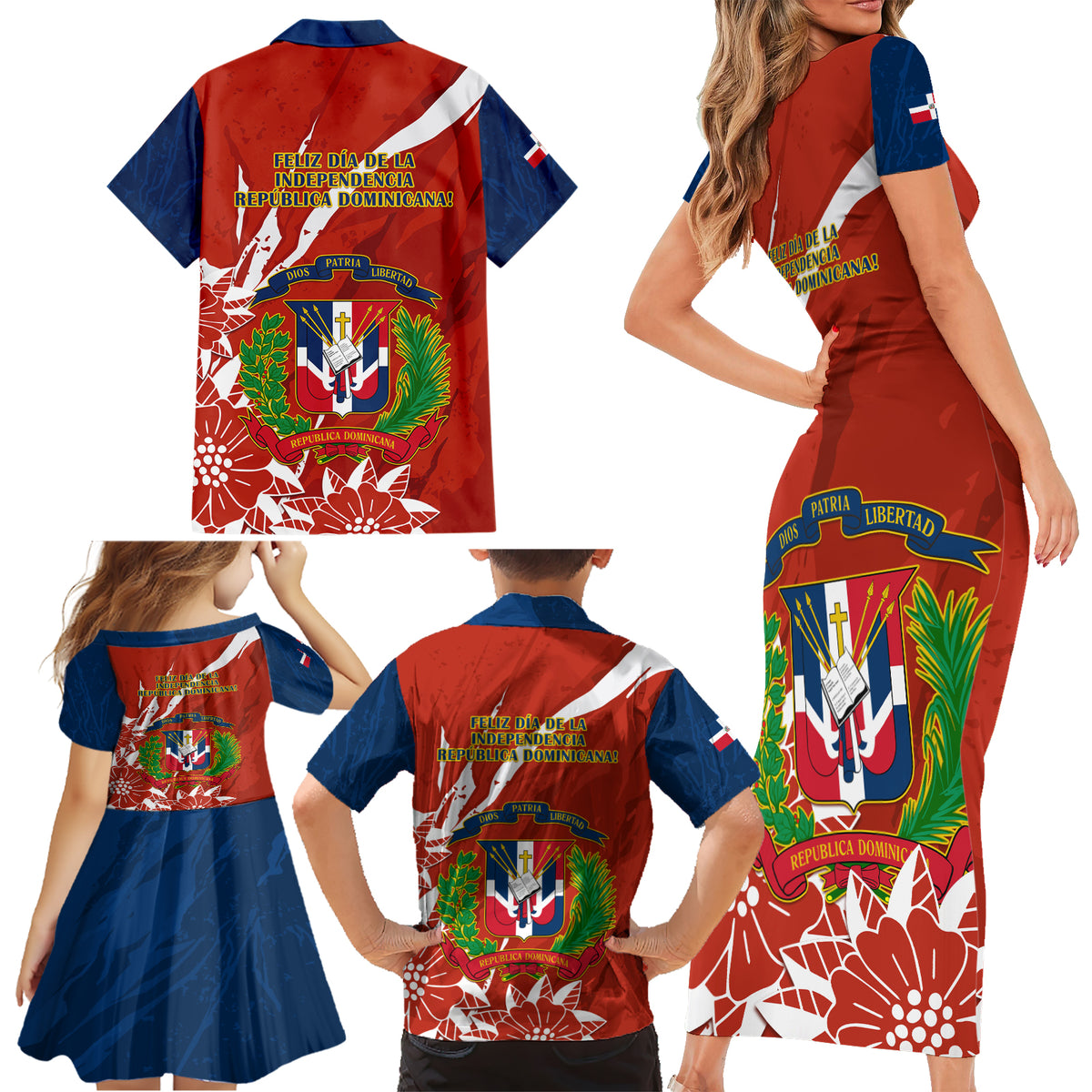 Dominican Republic Independence Day Family Matching Short Sleeve Bodycon Dress and Hawaiian Shirt Coat Of Arms With Bayahibe Rose - Wonder Print Shop