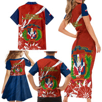 Dominican Republic Independence Day Family Matching Short Sleeve Bodycon Dress and Hawaiian Shirt Coat Of Arms With Bayahibe Rose - Wonder Print Shop