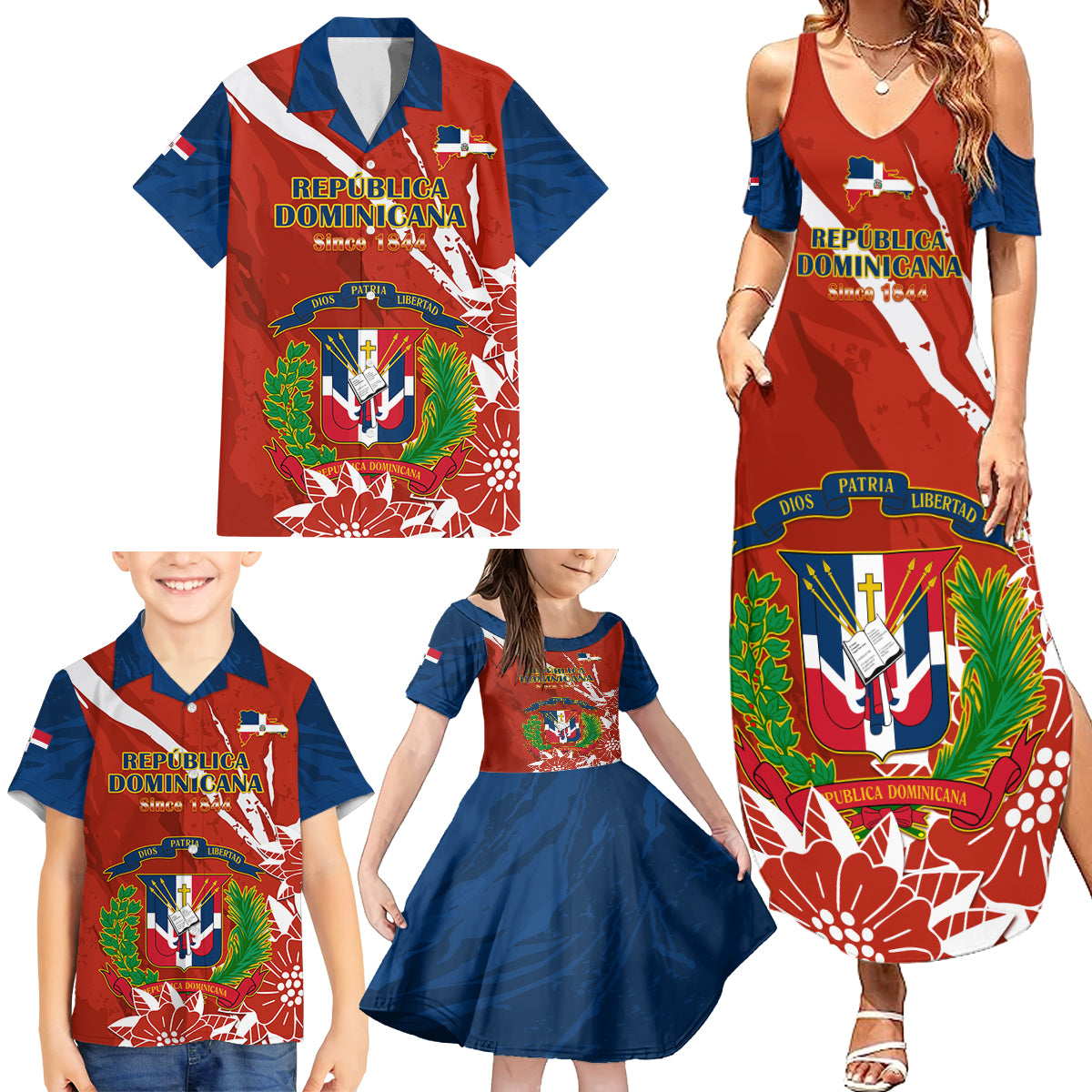 Dominican Republic Independence Day Family Matching Summer Maxi Dress and Hawaiian Shirt Coat Of Arms With Bayahibe Rose