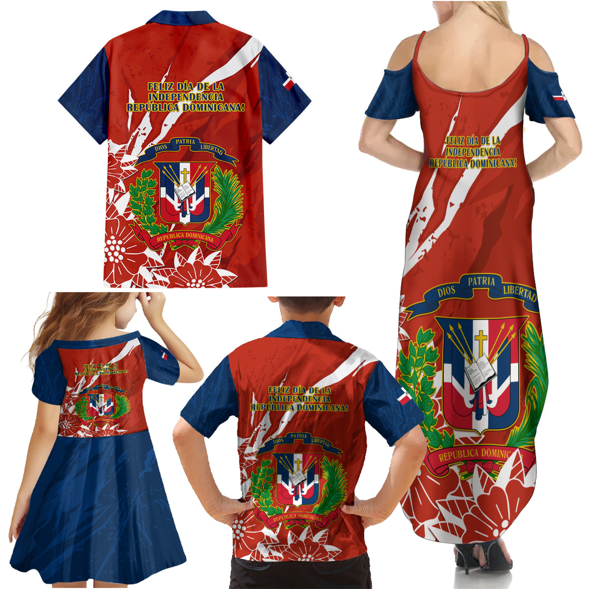 Dominican Republic Independence Day Family Matching Summer Maxi Dress and Hawaiian Shirt Coat Of Arms With Bayahibe Rose - Wonder Print Shop