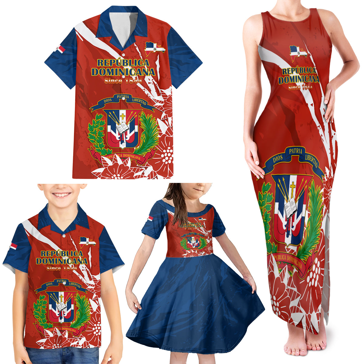 Dominican Republic Independence Day Family Matching Tank Maxi Dress and Hawaiian Shirt Coat Of Arms With Bayahibe Rose