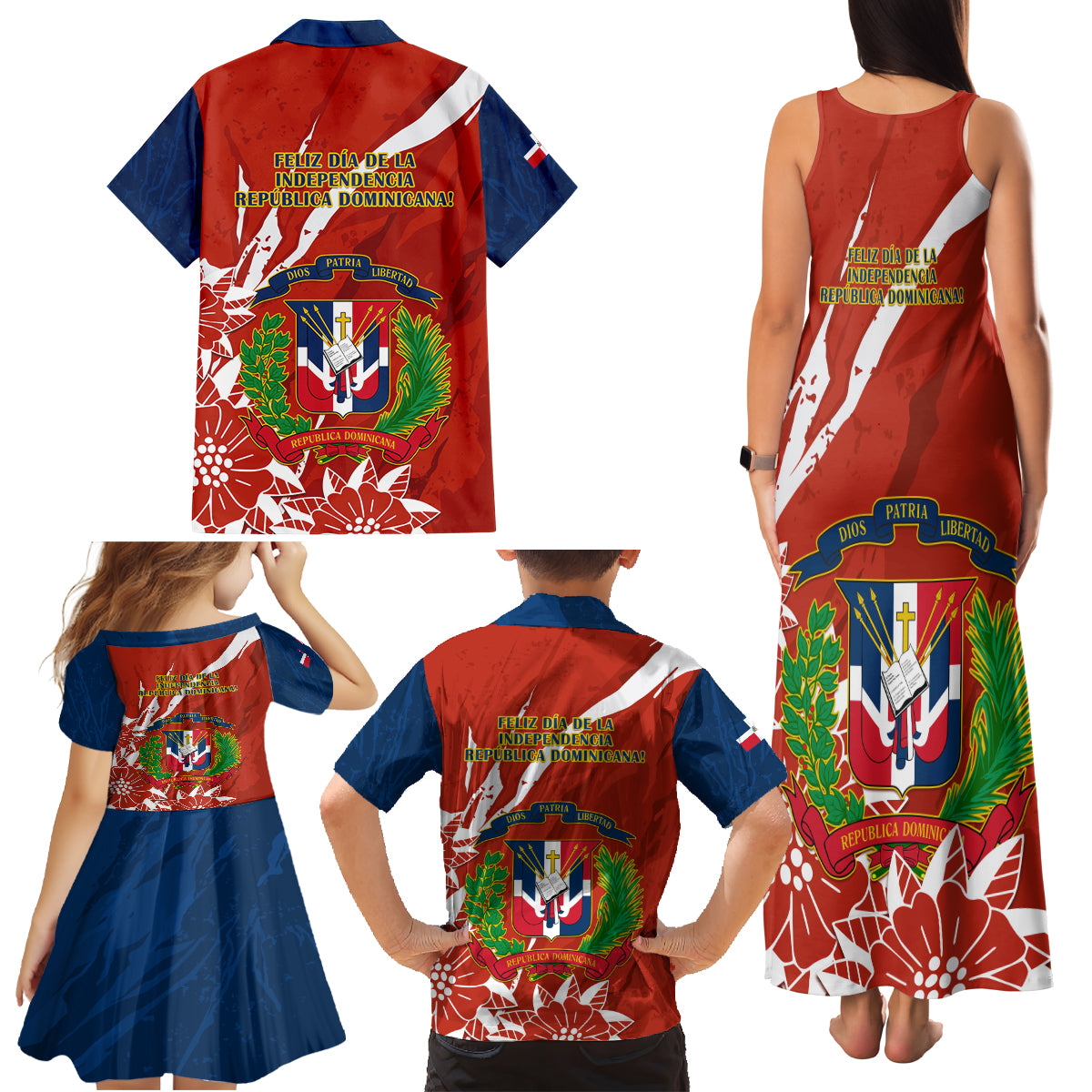 Dominican Republic Independence Day Family Matching Tank Maxi Dress and Hawaiian Shirt Coat Of Arms With Bayahibe Rose - Wonder Print Shop