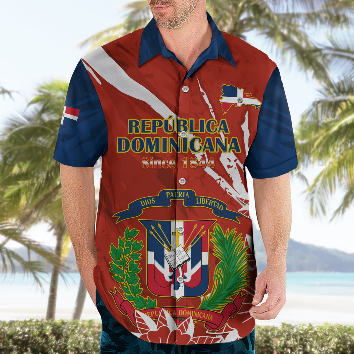 Dominican Republic Independence Day Hawaiian Shirt Coat Of Arms With Bayahibe Rose - Wonder Print Shop