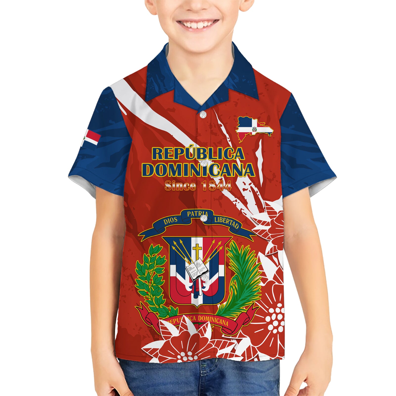 Dominican Republic Independence Day Kid Hawaiian Shirt Coat Of Arms With Bayahibe Rose - Wonder Print Shop
