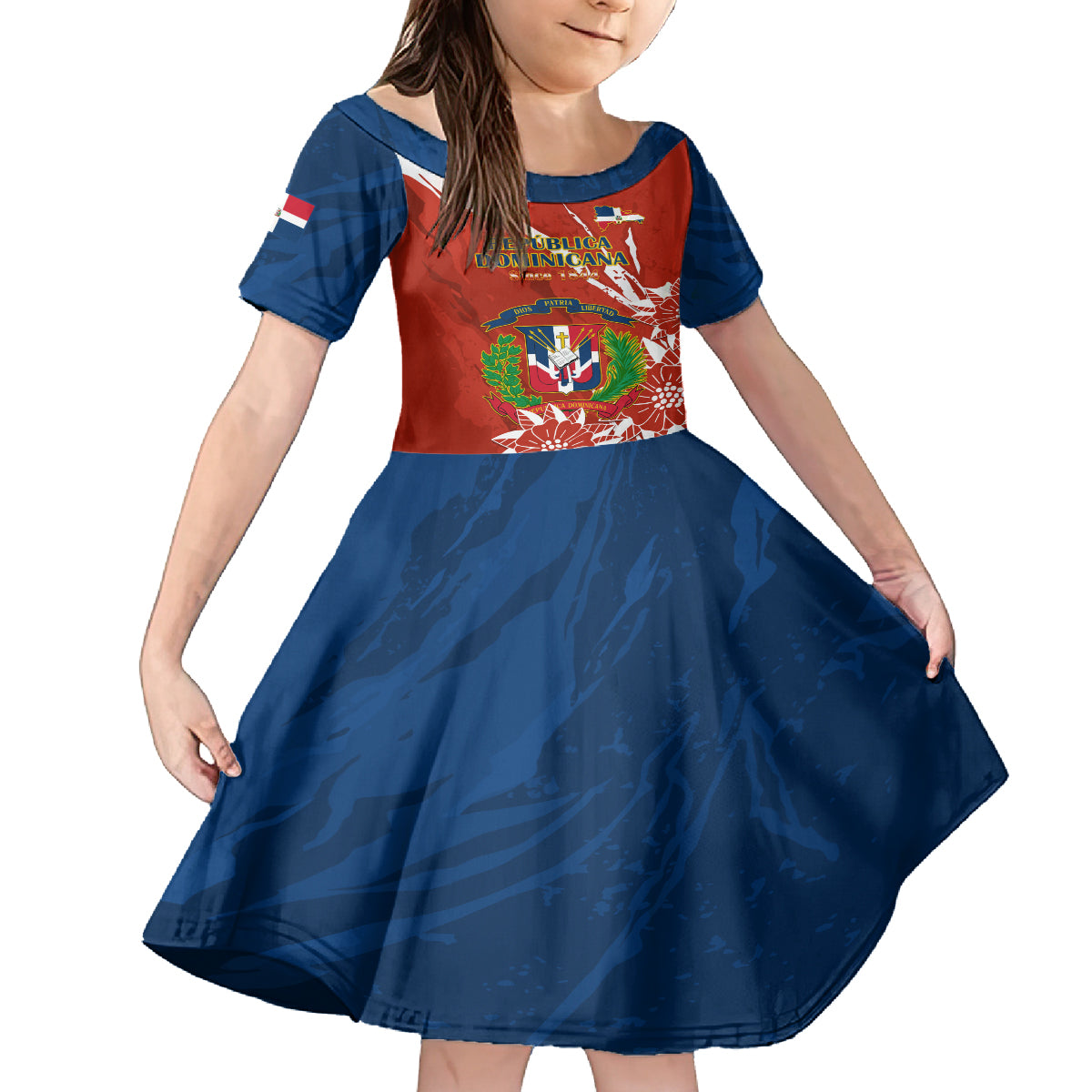 Dominican Republic Independence Day Kid Short Sleeve Dress Coat Of Arms With Bayahibe Rose - Wonder Print Shop
