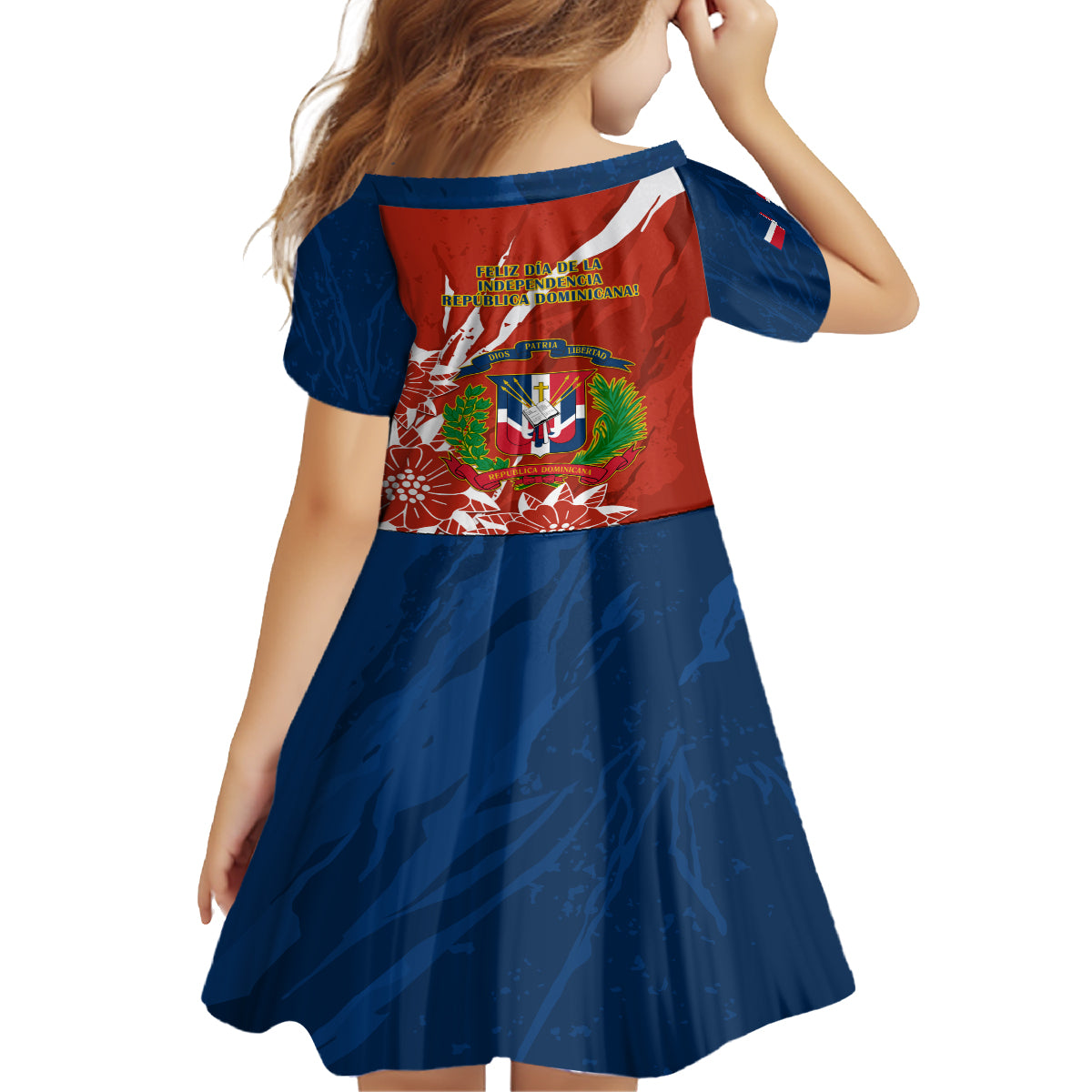 Dominican Republic Independence Day Kid Short Sleeve Dress Coat Of Arms With Bayahibe Rose - Wonder Print Shop