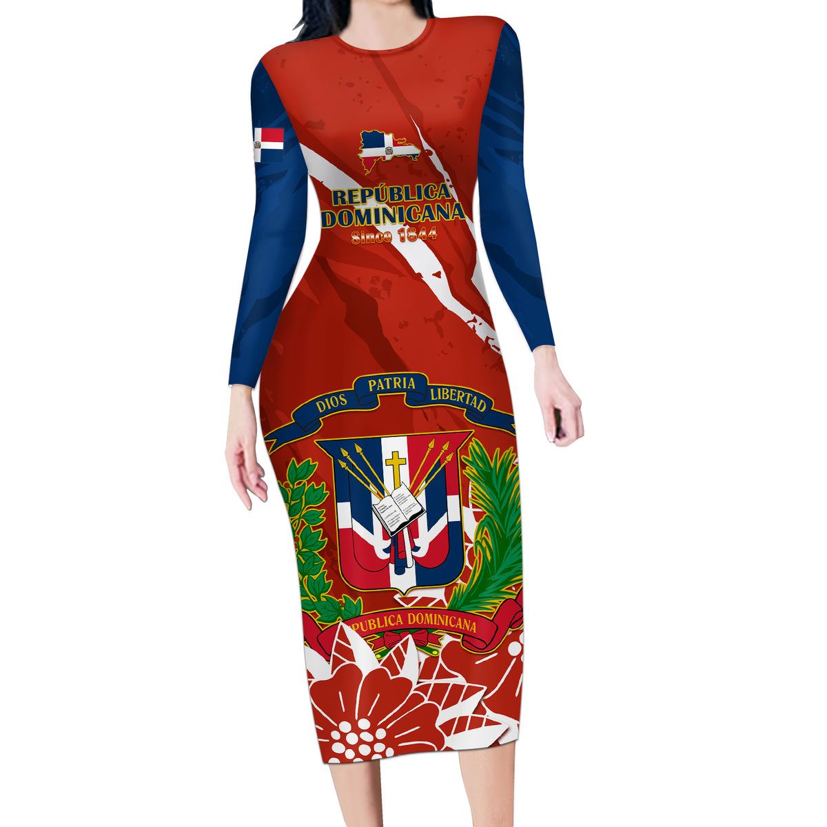 Dominican Republic Independence Day Long Sleeve Bodycon Dress Coat Of Arms With Bayahibe Rose - Wonder Print Shop