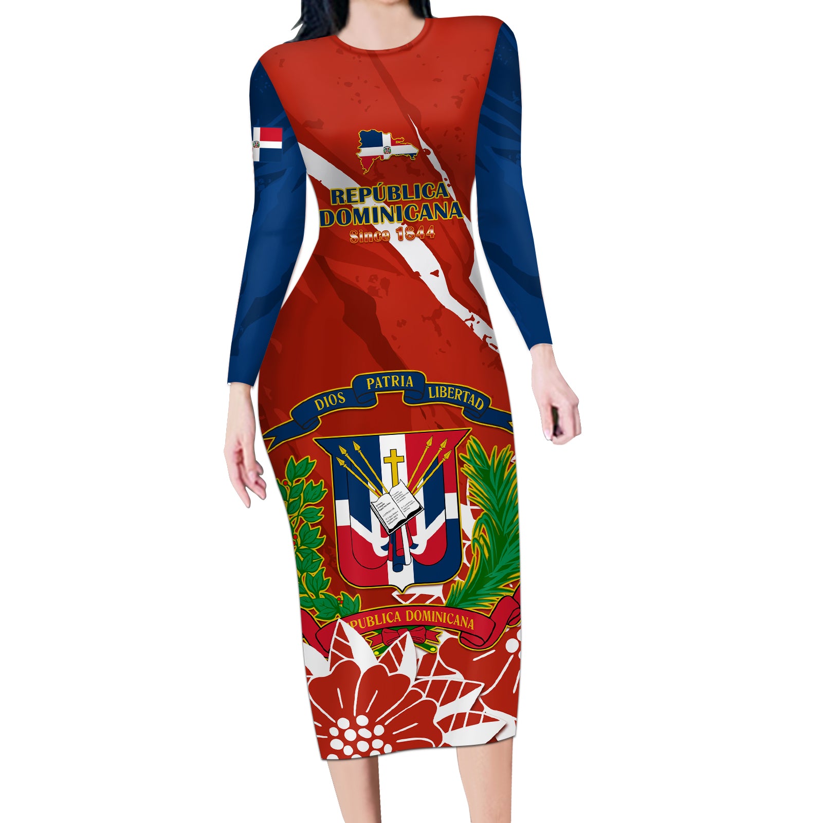 Dominican Republic Independence Day Long Sleeve Bodycon Dress Coat Of Arms With Bayahibe Rose
