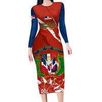 Dominican Republic Independence Day Long Sleeve Bodycon Dress Coat Of Arms With Bayahibe Rose - Wonder Print Shop