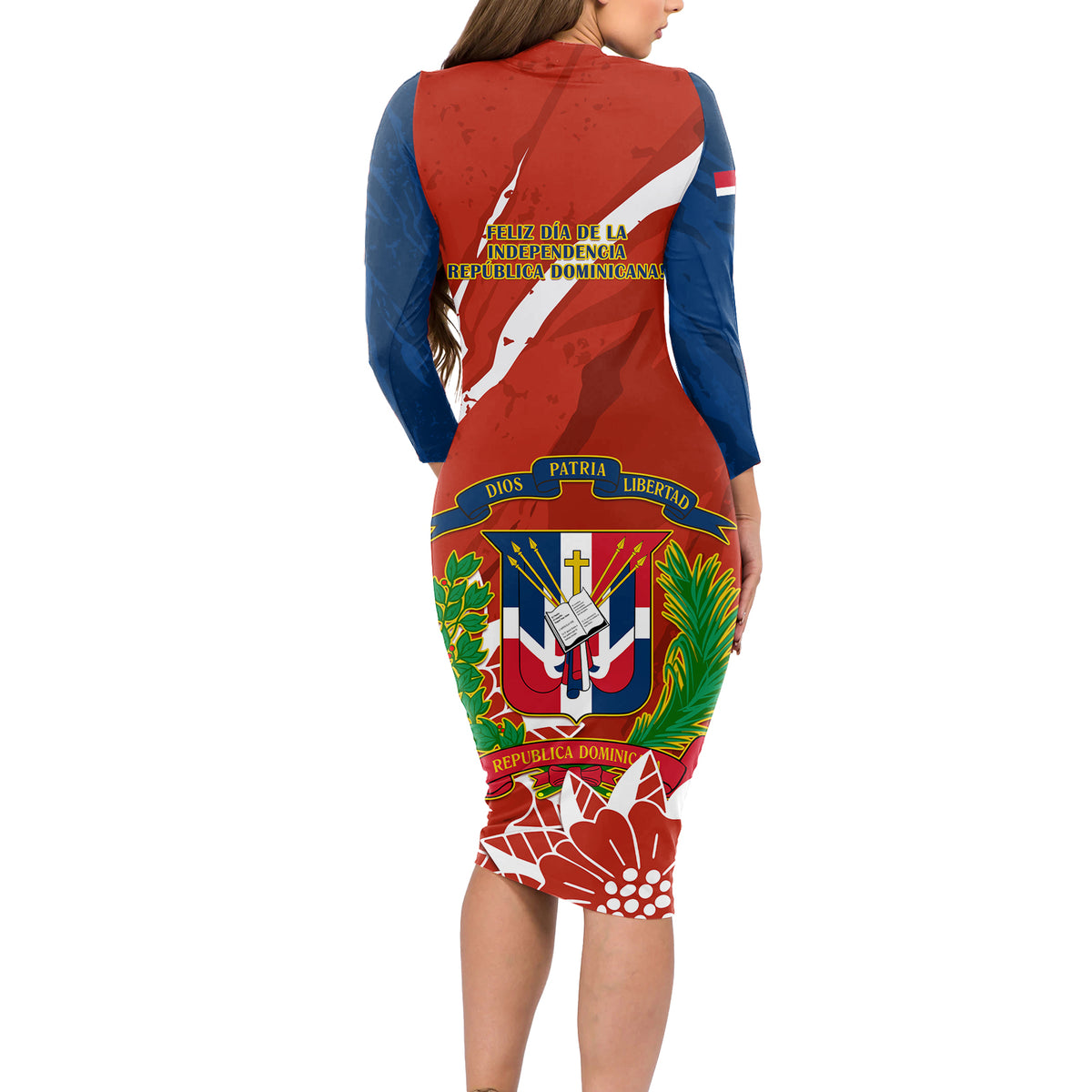 Dominican Republic Independence Day Long Sleeve Bodycon Dress Coat Of Arms With Bayahibe Rose - Wonder Print Shop