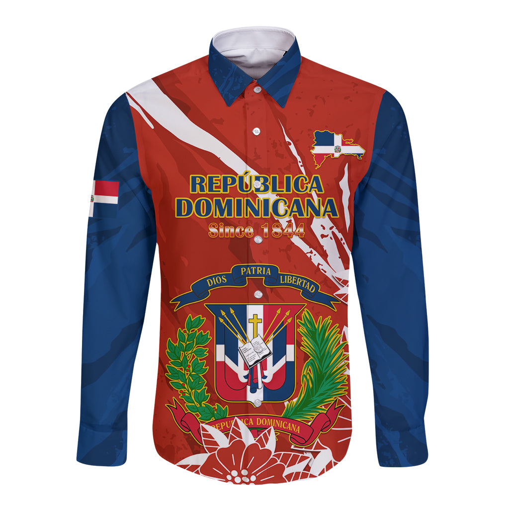 Dominican Republic Independence Day Long Sleeve Button Shirt Coat Of Arms With Bayahibe Rose - Wonder Print Shop