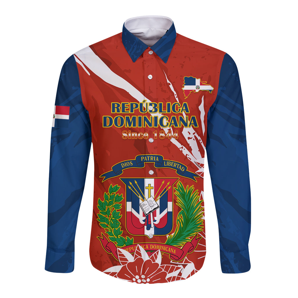 Dominican Republic Independence Day Long Sleeve Button Shirt Coat Of Arms With Bayahibe Rose