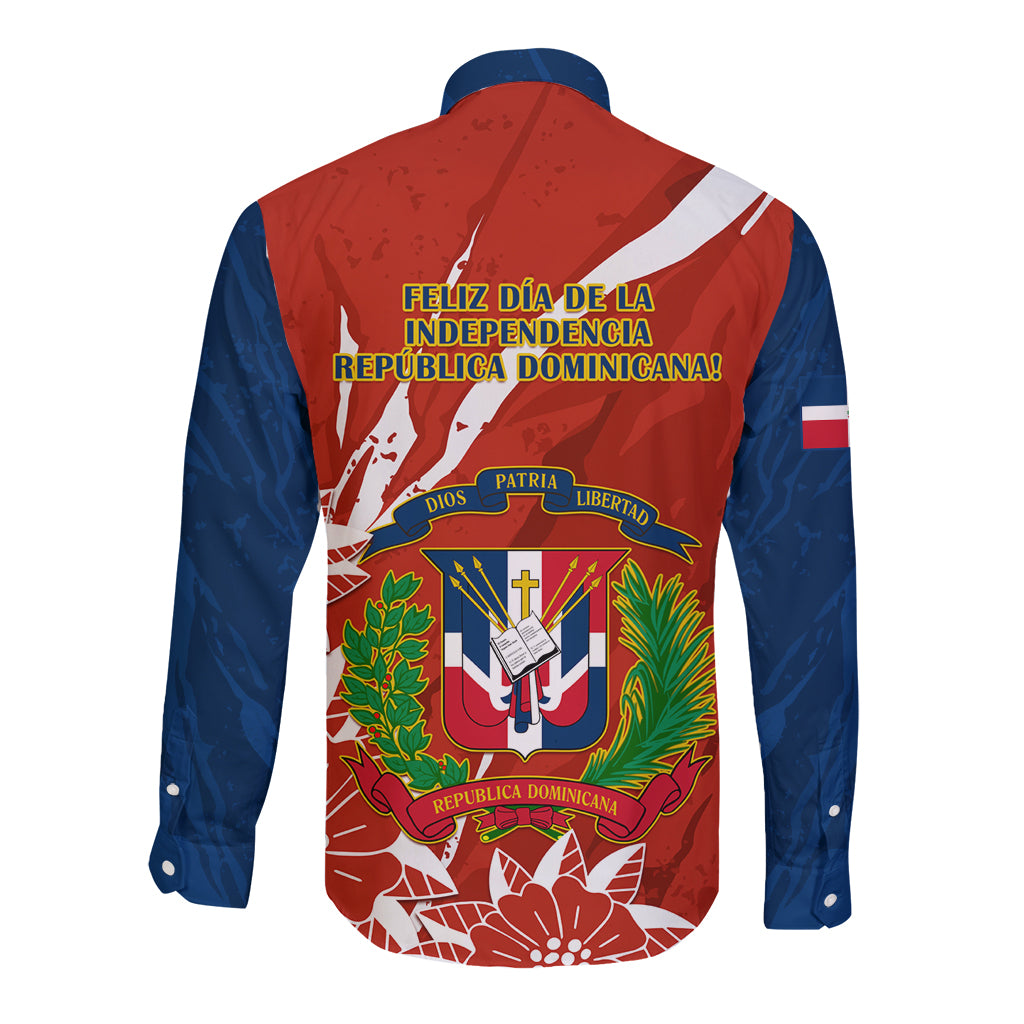 Dominican Republic Independence Day Long Sleeve Button Shirt Coat Of Arms With Bayahibe Rose - Wonder Print Shop
