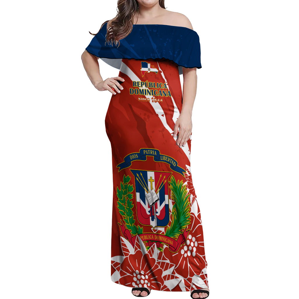 Dominican Republic Independence Day Off Shoulder Maxi Dress Coat Of Arms With Bayahibe Rose