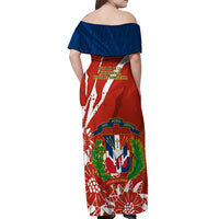 Dominican Republic Independence Day Off Shoulder Maxi Dress Coat Of Arms With Bayahibe Rose - Wonder Print Shop