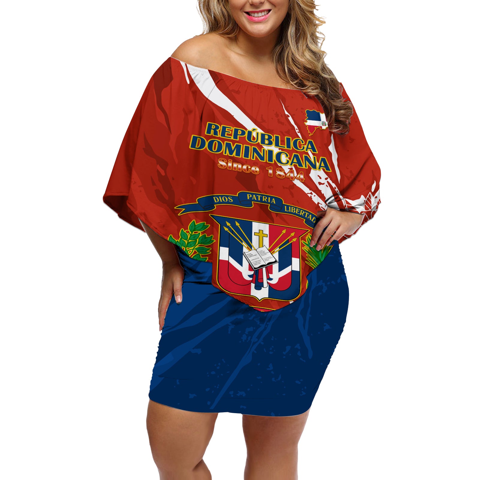 Dominican Republic Independence Day Off Shoulder Short Dress Coat Of Arms With Bayahibe Rose