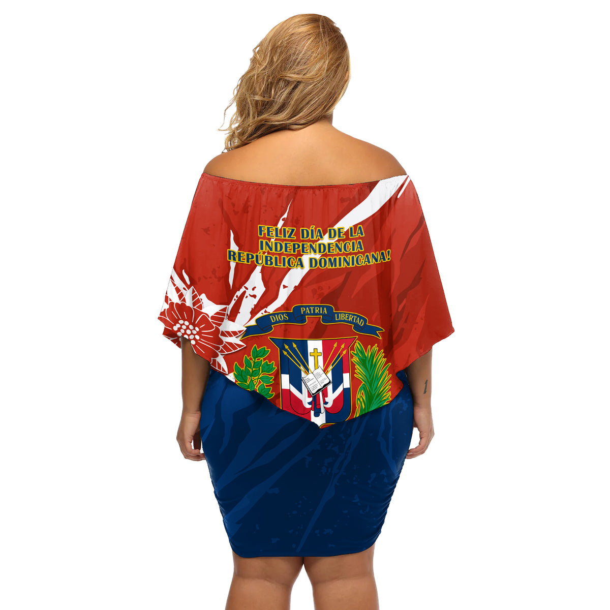Dominican Republic Independence Day Off Shoulder Short Dress Coat Of Arms With Bayahibe Rose - Wonder Print Shop