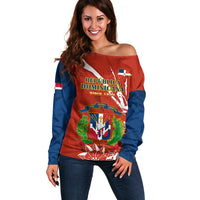Dominican Republic Independence Day Off Shoulder Sweater Coat Of Arms With Bayahibe Rose - Wonder Print Shop