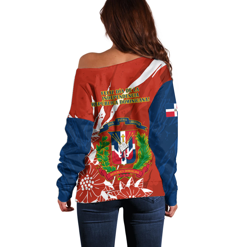 Dominican Republic Independence Day Off Shoulder Sweater Coat Of Arms With Bayahibe Rose - Wonder Print Shop