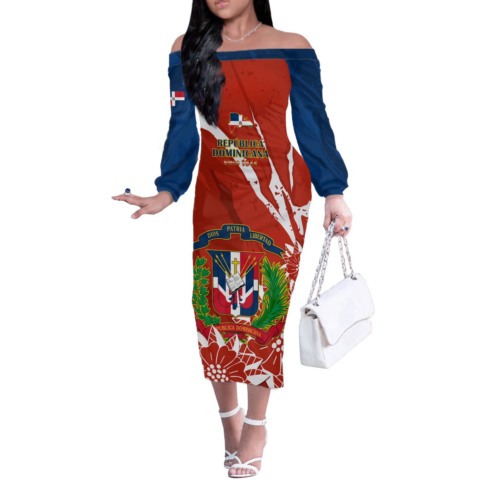 Dominican Republic Independence Day Off The Shoulder Long Sleeve Dress Coat Of Arms With Bayahibe Rose