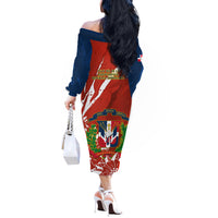 Dominican Republic Independence Day Off The Shoulder Long Sleeve Dress Coat Of Arms With Bayahibe Rose - Wonder Print Shop