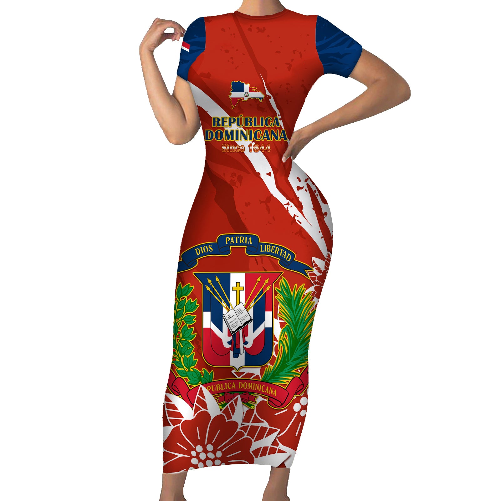 Dominican Republic Independence Day Short Sleeve Bodycon Dress Coat Of Arms With Bayahibe Rose