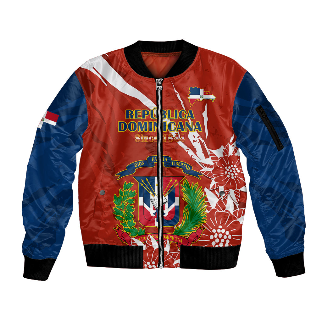 Dominican Republic Independence Day Sleeve Zip Bomber Jacket Coat Of Arms With Bayahibe Rose - Wonder Print Shop