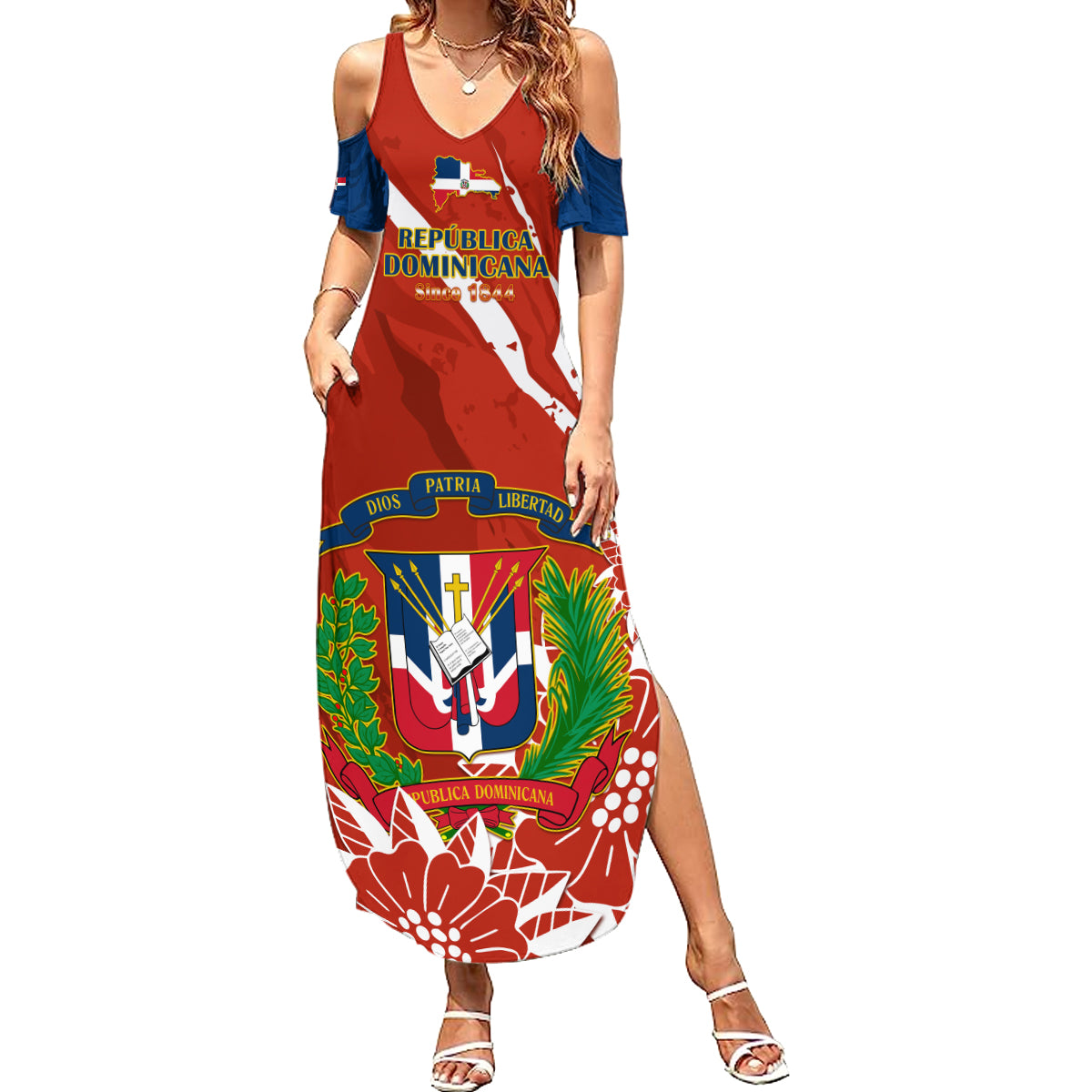 Dominican Republic Independence Day Summer Maxi Dress Coat Of Arms With Bayahibe Rose - Wonder Print Shop