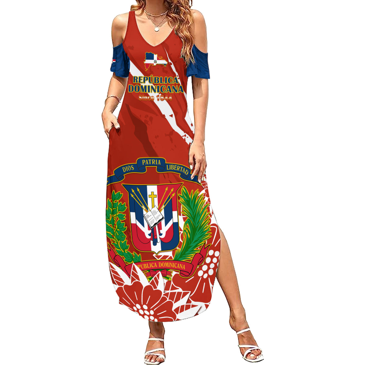 Dominican Republic Independence Day Summer Maxi Dress Coat Of Arms With Bayahibe Rose