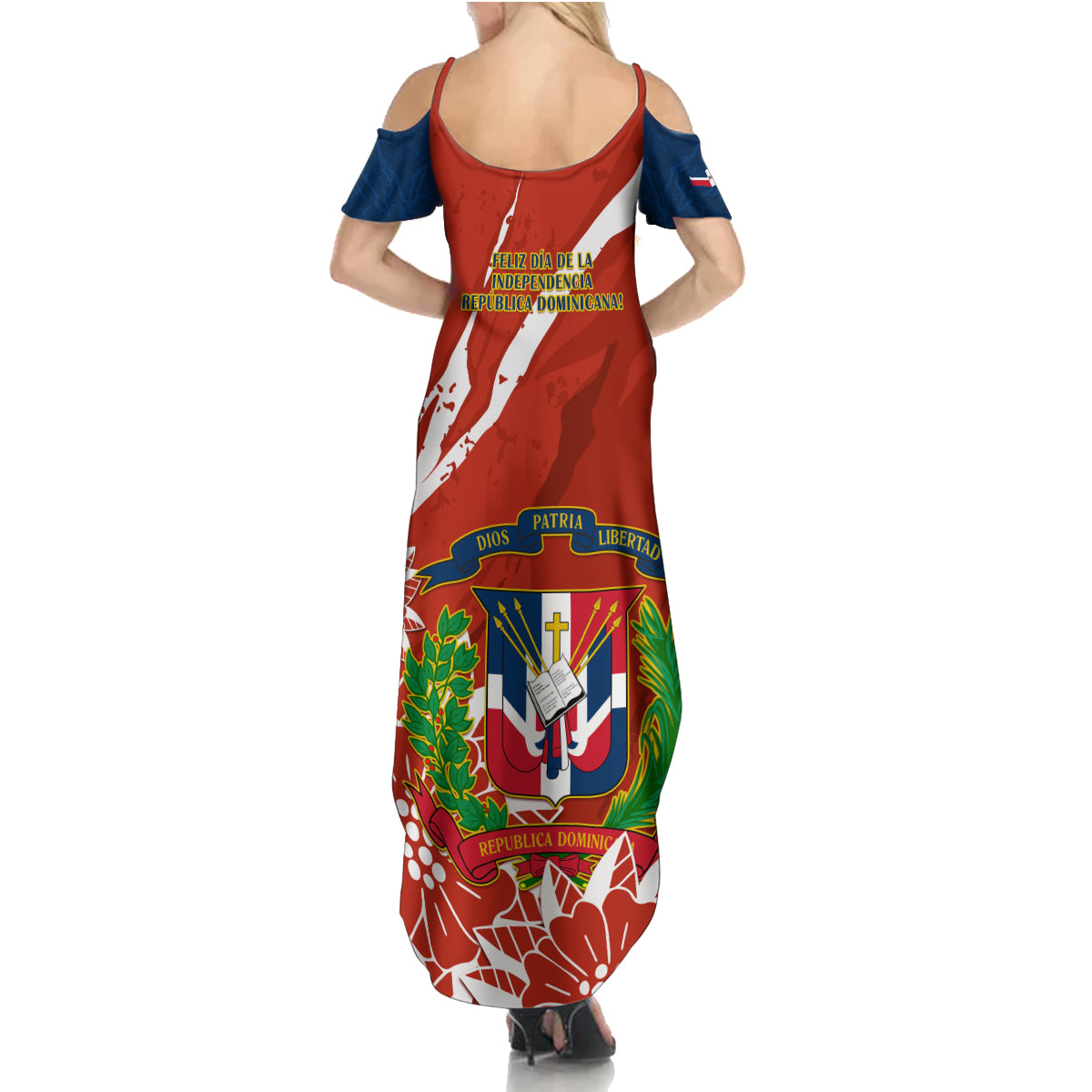 Dominican Republic Independence Day Summer Maxi Dress Coat Of Arms With Bayahibe Rose - Wonder Print Shop