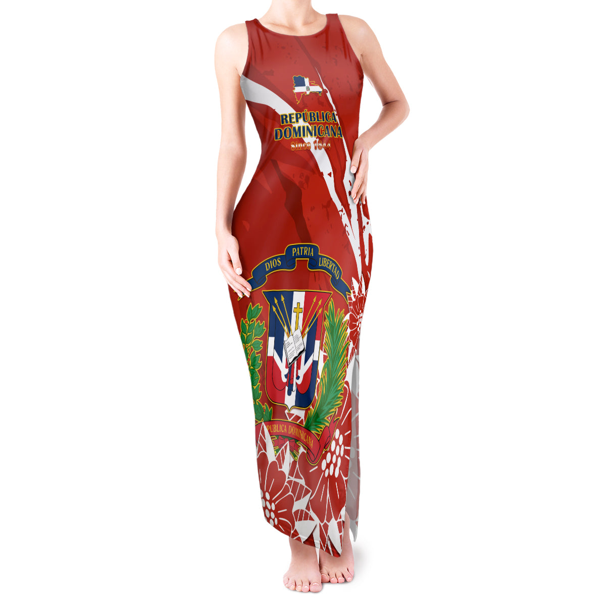 Dominican Republic Independence Day Tank Maxi Dress Coat Of Arms With Bayahibe Rose - Wonder Print Shop