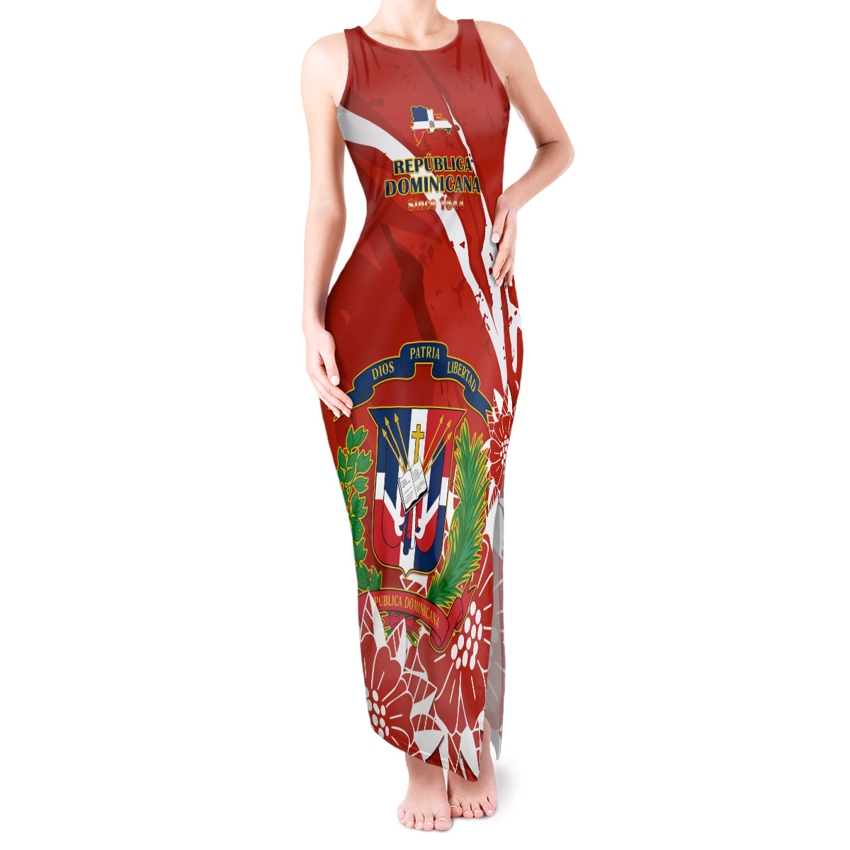 Dominican Republic Independence Day Tank Maxi Dress Coat Of Arms With Bayahibe Rose