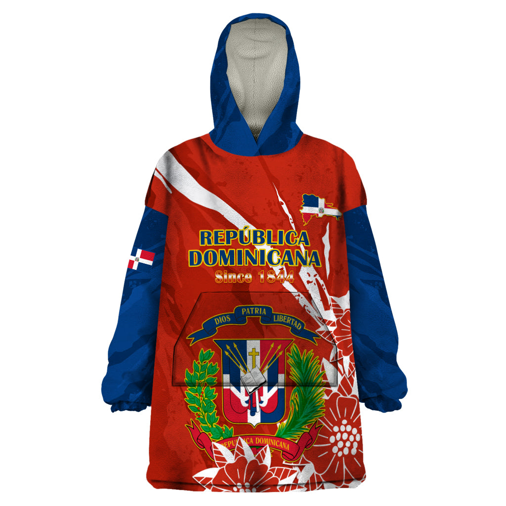 Dominican Republic Independence Day Wearable Blanket Hoodie Coat Of Arms With Bayahibe Rose - Wonder Print Shop