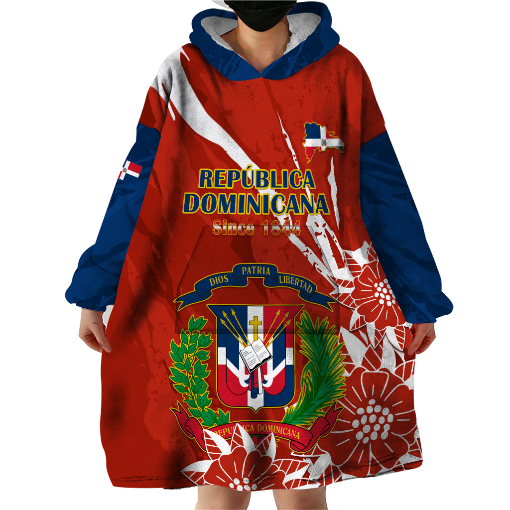 Dominican Republic Independence Day Wearable Blanket Hoodie Coat Of Arms With Bayahibe Rose - Wonder Print Shop