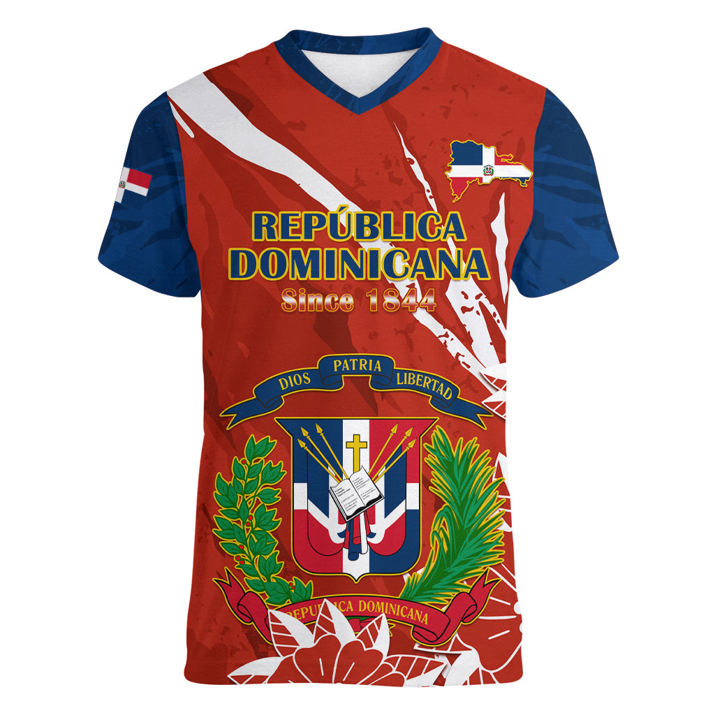 Dominican Republic Independence Day Women V Neck T Shirt Coat Of Arms With Bayahibe Rose