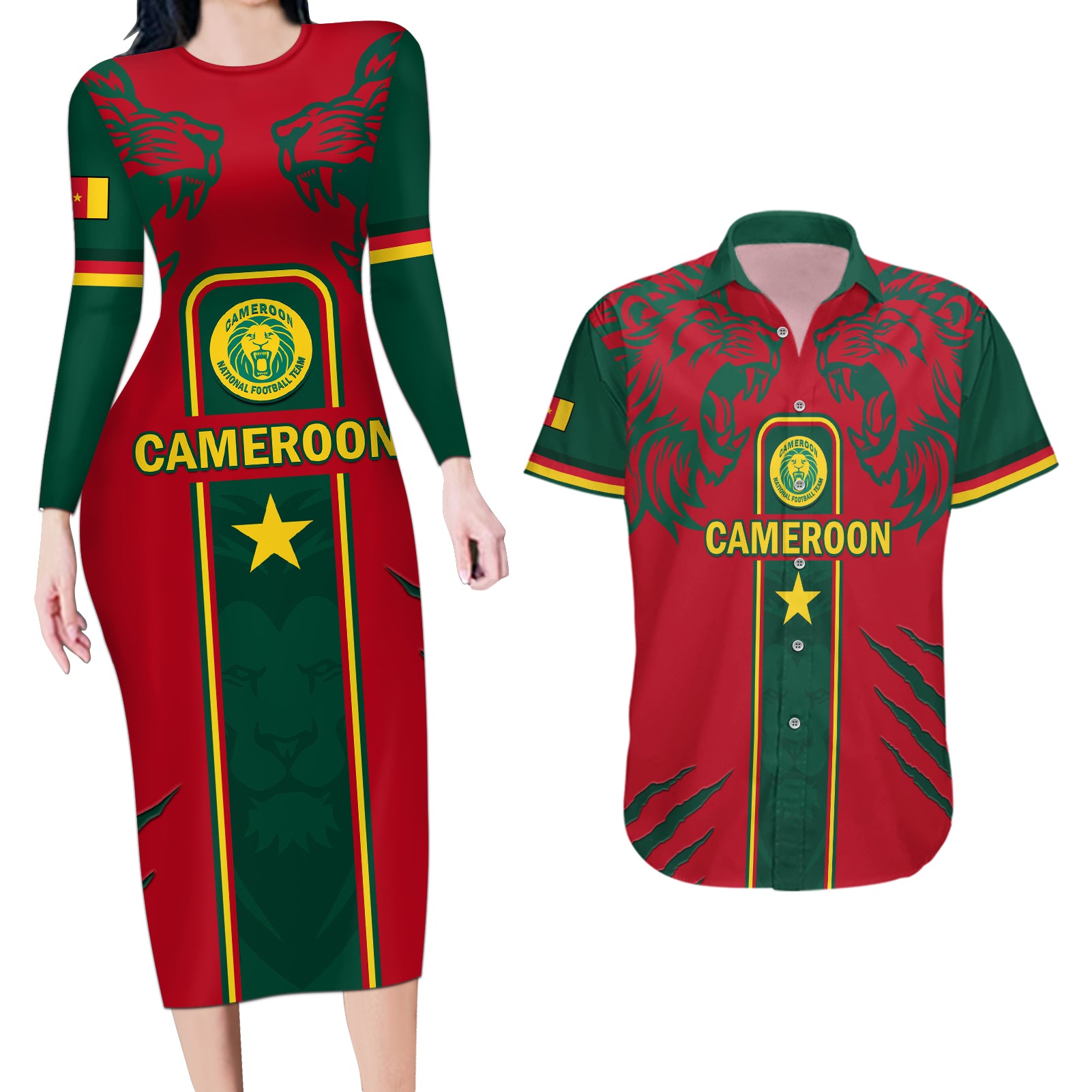 Custom Cameroon Football Couples Matching Long Sleeve Bodycon Dress and Hawaiian Shirt 2024 African Nations Go Champions Lion Style