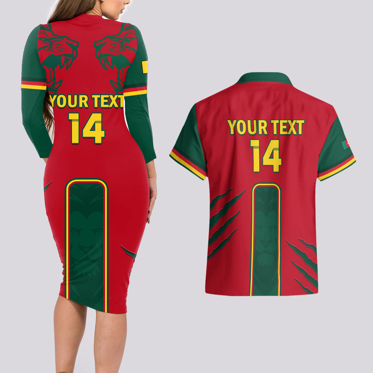 Custom Cameroon Football Couples Matching Long Sleeve Bodycon Dress and Hawaiian Shirt 2024 African Nations Go Champions Lion Style - Wonder Print Shop