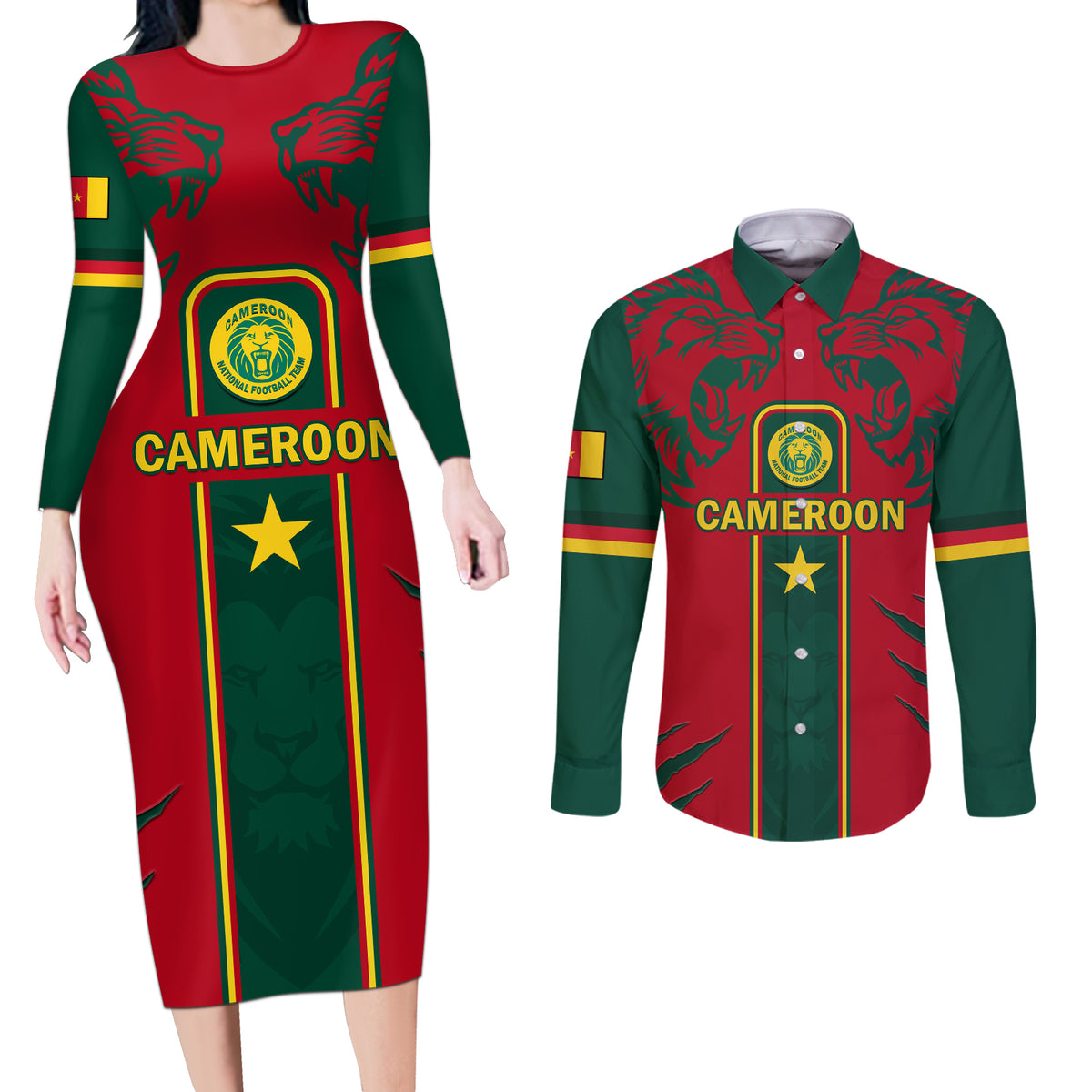Custom Cameroon Football Couples Matching Long Sleeve Bodycon Dress and Long Sleeve Button Shirt 2024 African Nations Go Champions Lion Style - Wonder Print Shop