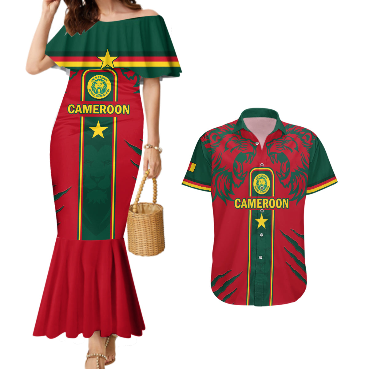 Custom Cameroon Football Couples Matching Mermaid Dress and Hawaiian Shirt 2024 African Nations Go Champions Lion Style