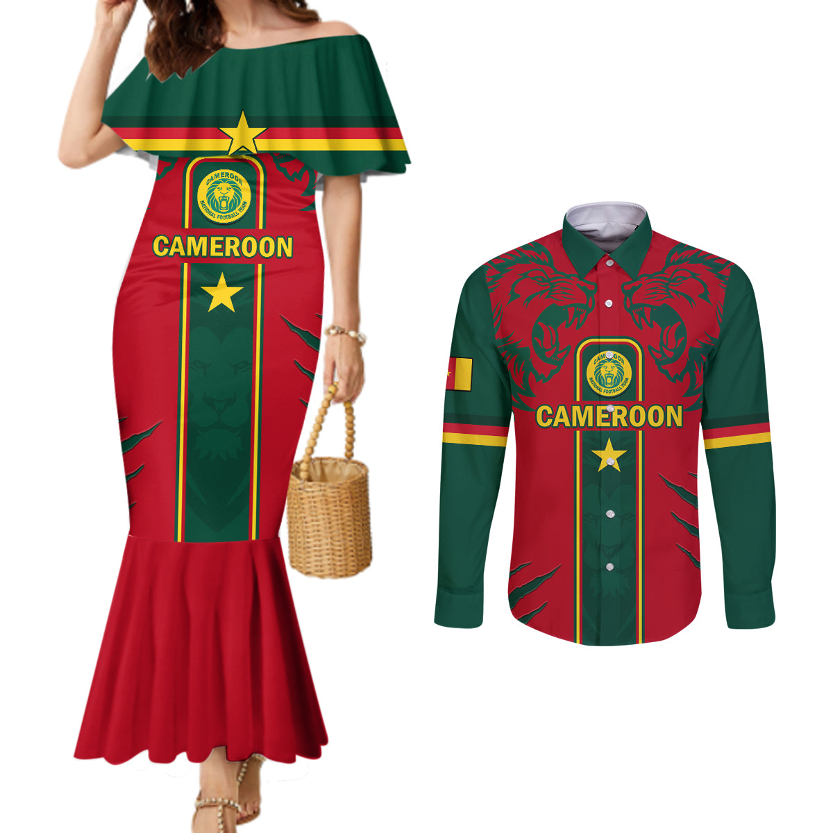 Custom Cameroon Football Couples Matching Mermaid Dress and Long Sleeve Button Shirt 2024 African Nations Go Champions Lion Style
