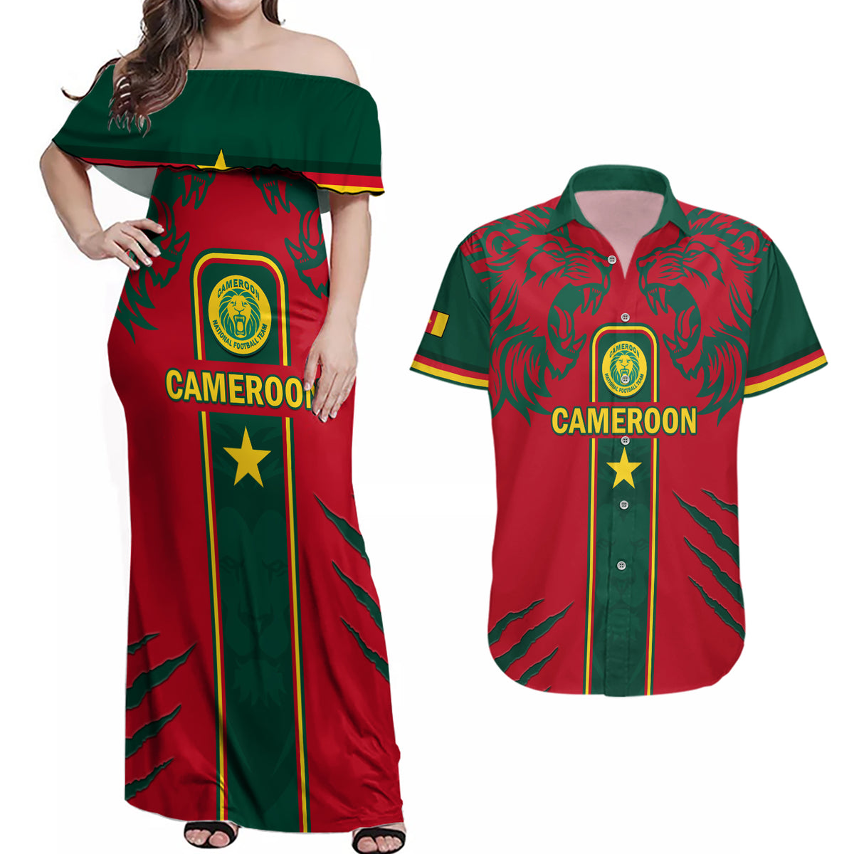 Custom Cameroon Football Couples Matching Off Shoulder Maxi Dress and Hawaiian Shirt 2024 African Nations Go Champions Lion Style - Wonder Print Shop