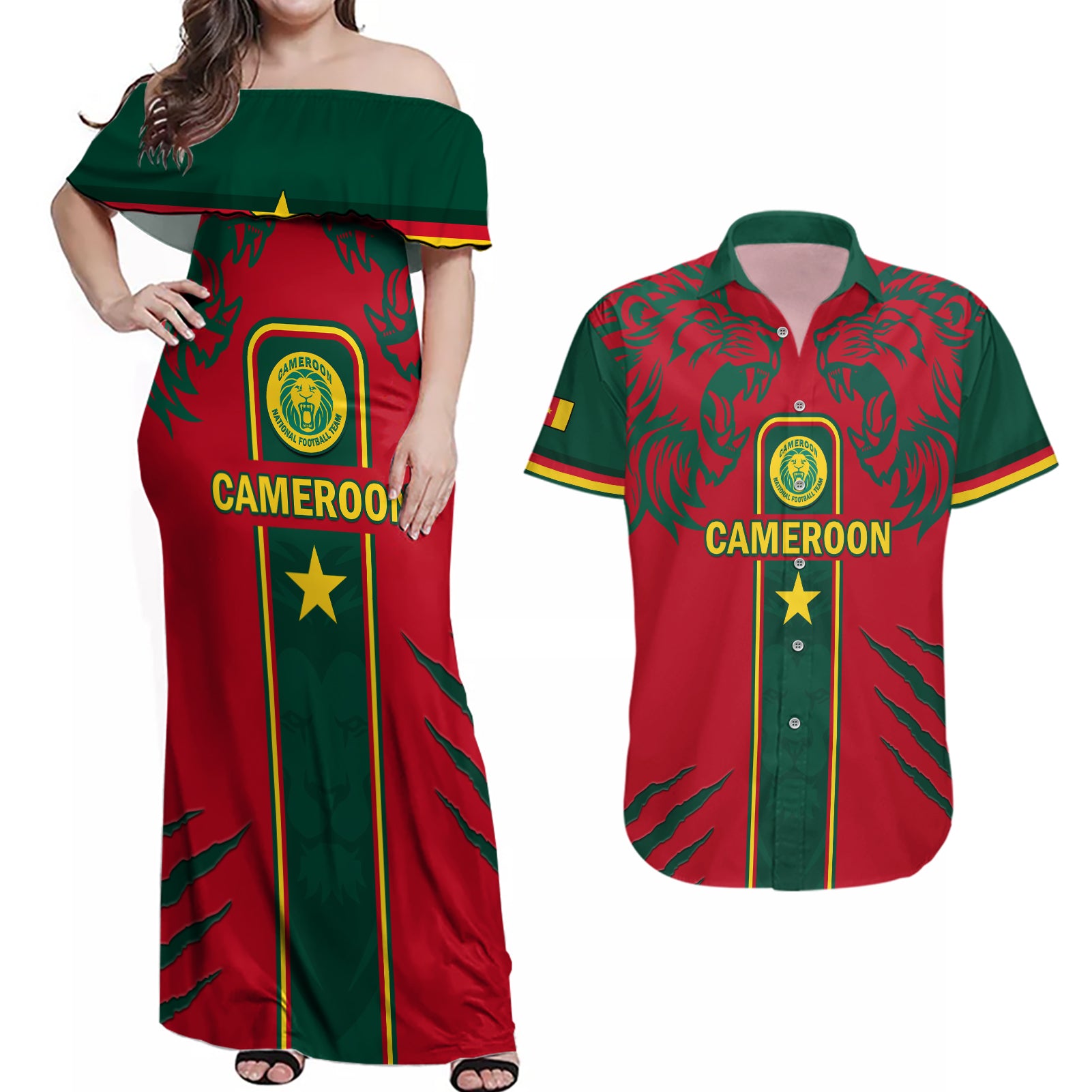 Custom Cameroon Football Couples Matching Off Shoulder Maxi Dress and Hawaiian Shirt 2024 African Nations Go Champions Lion Style