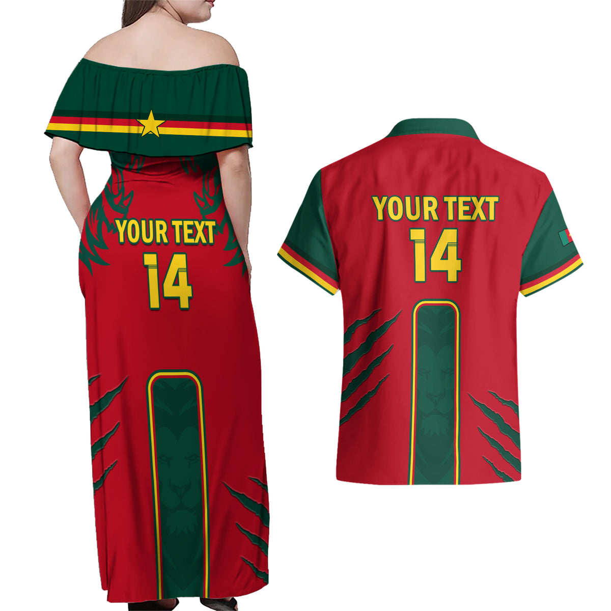 Custom Cameroon Football Couples Matching Off Shoulder Maxi Dress and Hawaiian Shirt 2024 African Nations Go Champions Lion Style - Wonder Print Shop